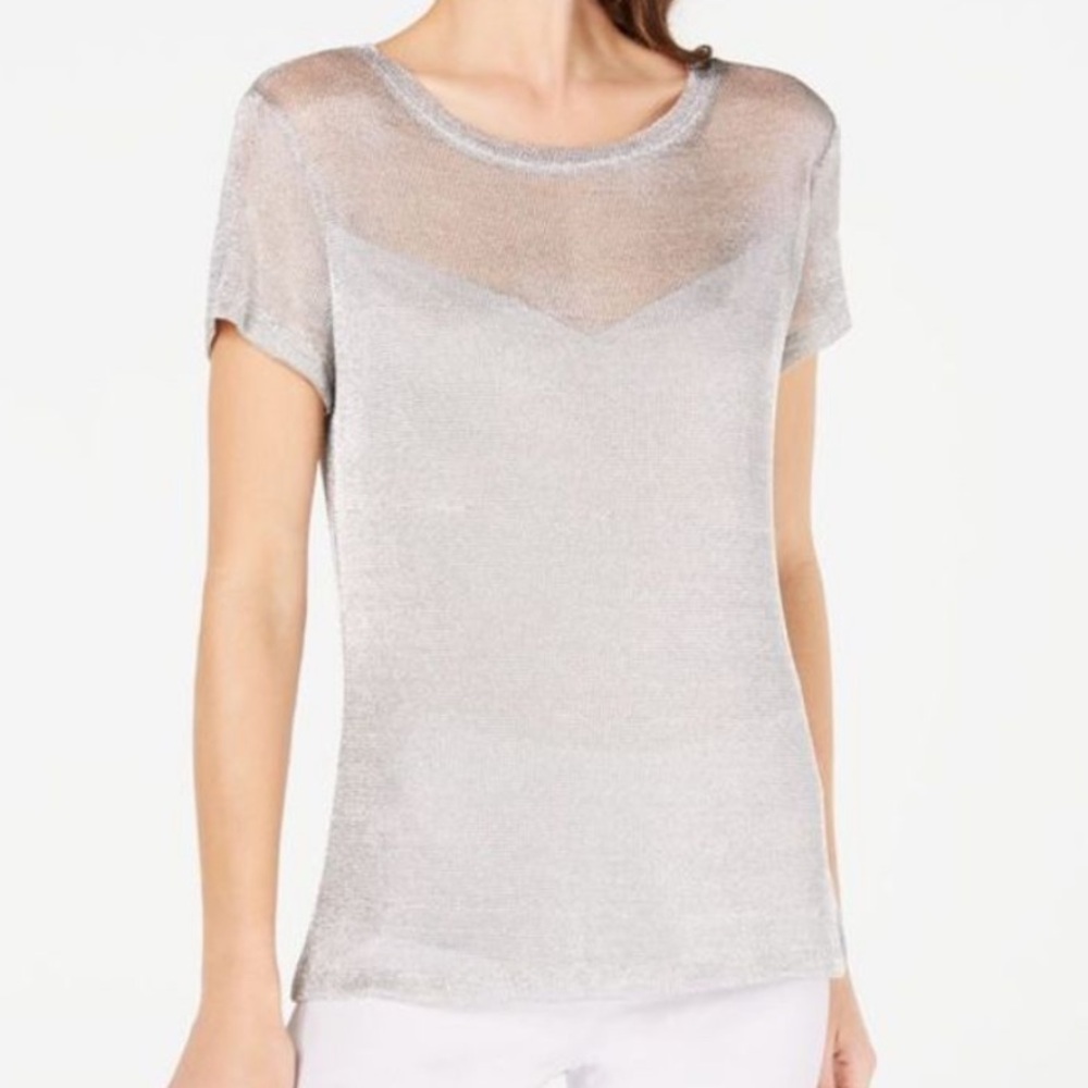 INC Womens Silver Metallic Short Sleeve Crew Neck T-Shirt S